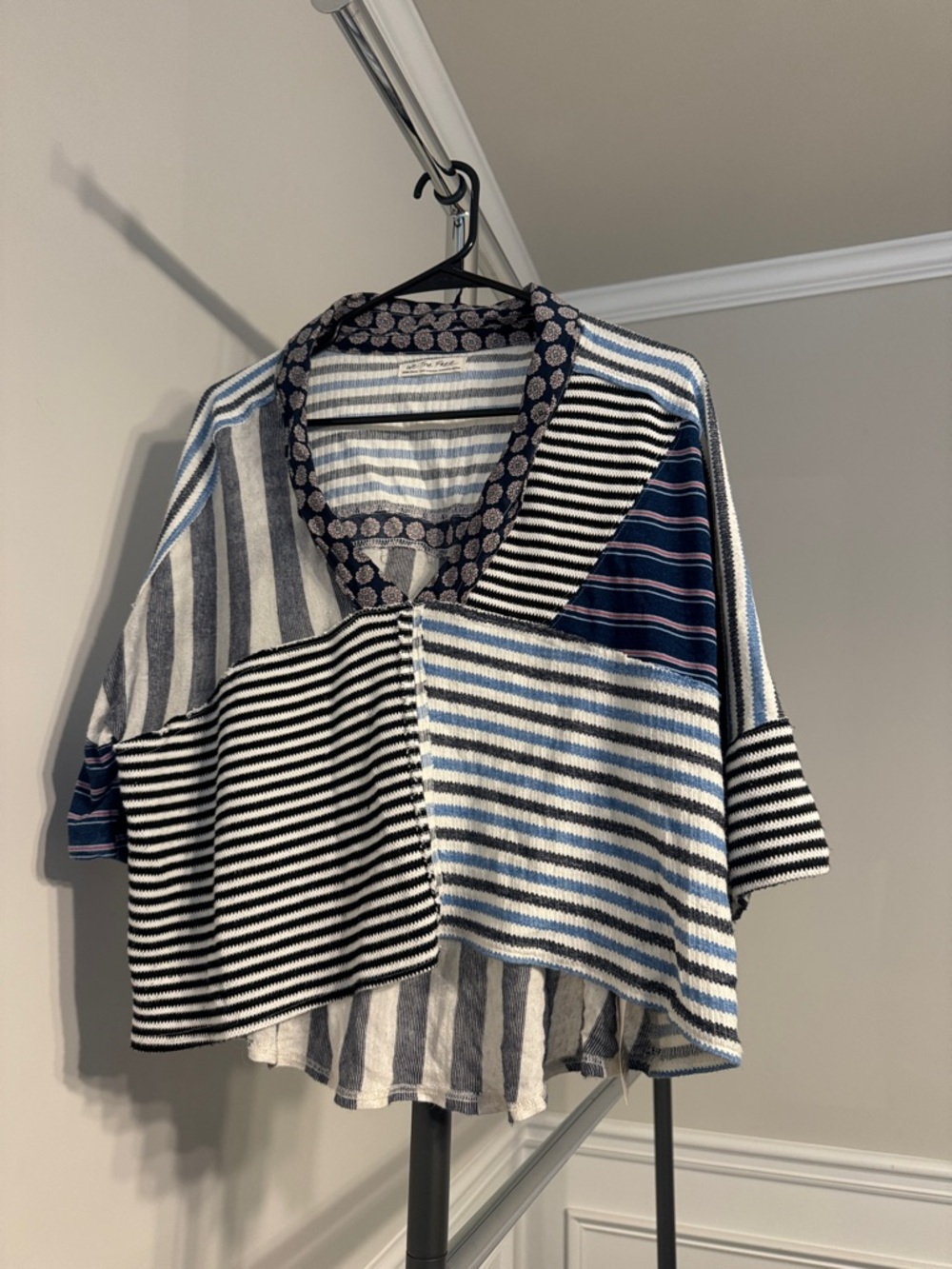 We The Free Patchwork Striped Mixed-Pattern Top in Blue and White